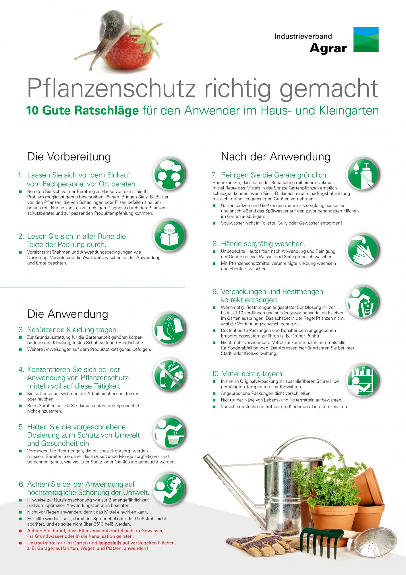 10 Gute Ratschläge | Neue Informationsmaterialien für Hobbygärtner: Industrieverband Agrar gibt mit Poster und Faltblatt Praxis-Tipps für die fachgerechte Anwendung von Pflanzenschutzmitteln im Haus- und Kleingarten. Foto: Industrieverband Agrar e. V. (IVA)
