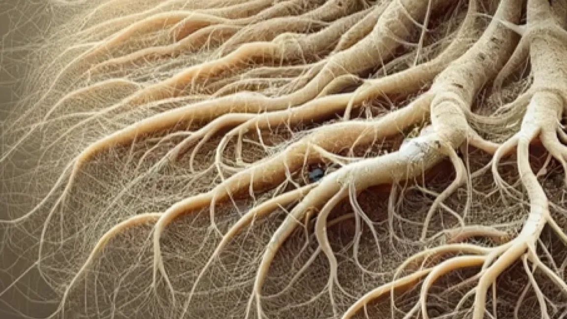 So sieht ein Pilzmycel von symbiotischen Pilzen aus. Das Mycel besteht aus feinen Fäden um die Pflanzenwurzeln herum. Foto: pflanzenforschung.de