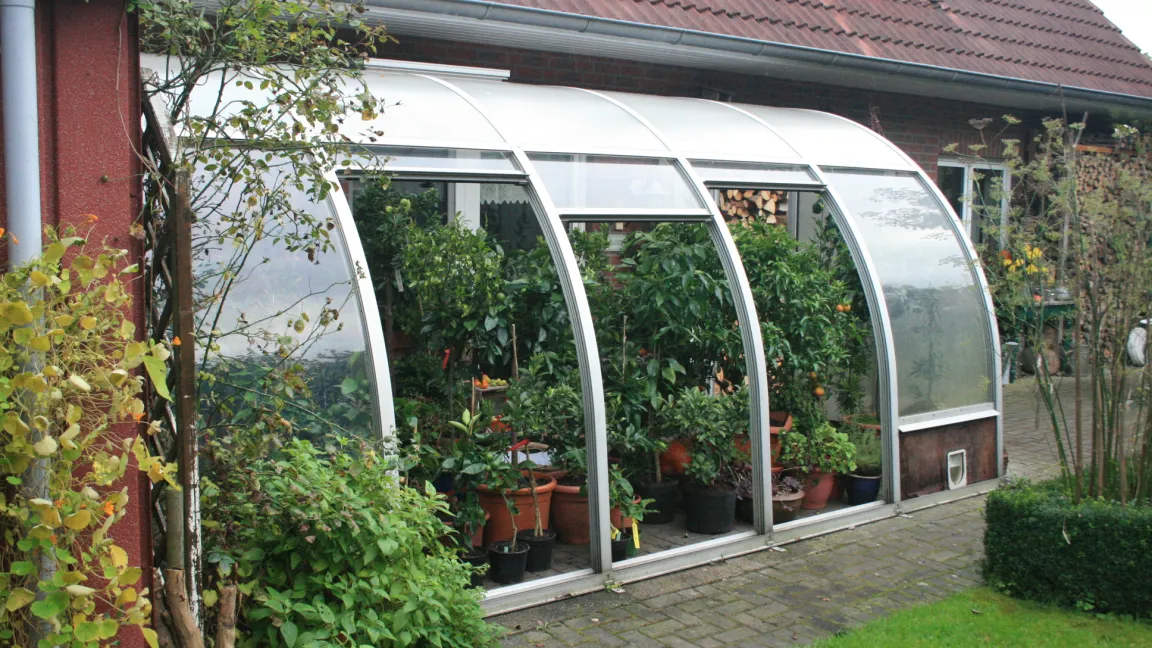 Ein Anlehngewächshaus, bei dem die Seitenfenster weit geöffnet werden können, ist sehr gut für die Überwinterung von Kübelpflanzen geeignet. Foto: Heinrich Beltz