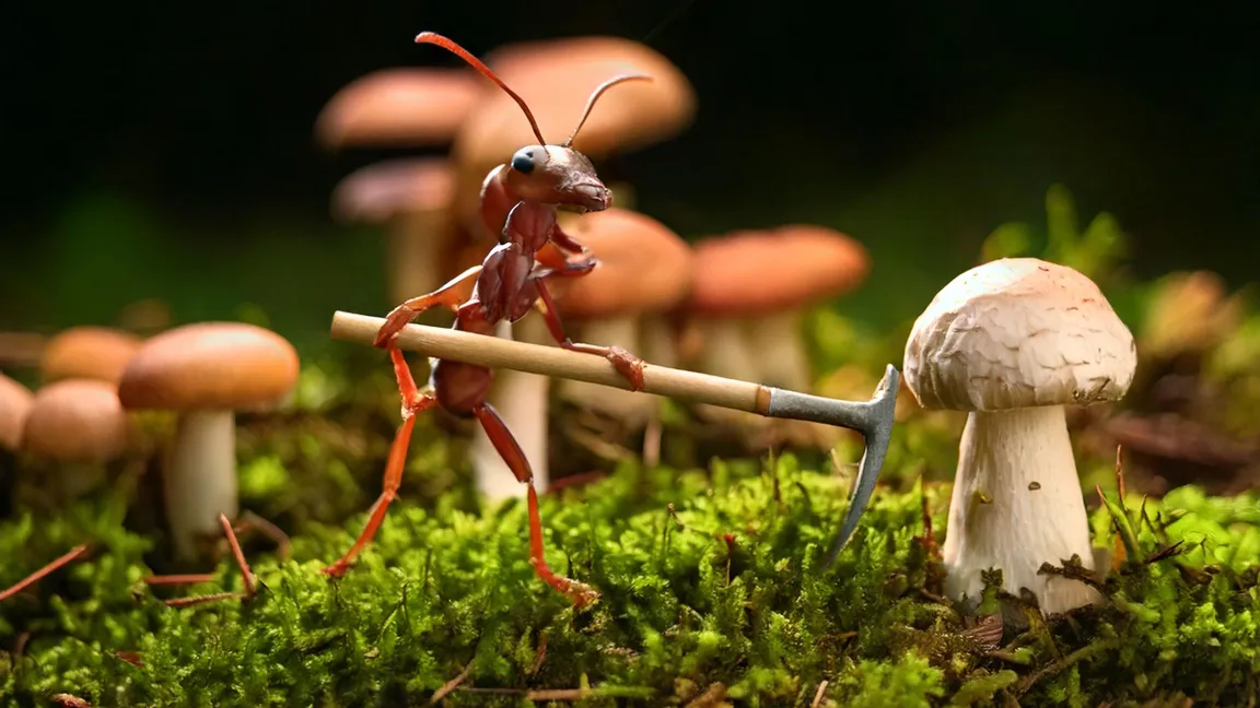 Eine Ameise: Weltweit über 250 Ameisenarten haben sich offenbar auf den Anbau einer bestimmten Pilzart spezialisiert. Beide Arten können ohne einander nicht existieren. Foto: Catrin Hahn/mit KI -  Firefly