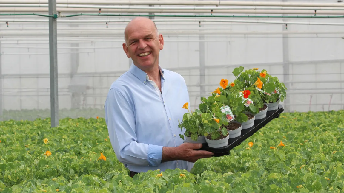 Peter van Wijgerden im Gewächshaus zwischen seinen essbaren Blüten. Foto: Look & Taste, Peter van Wijgerden
