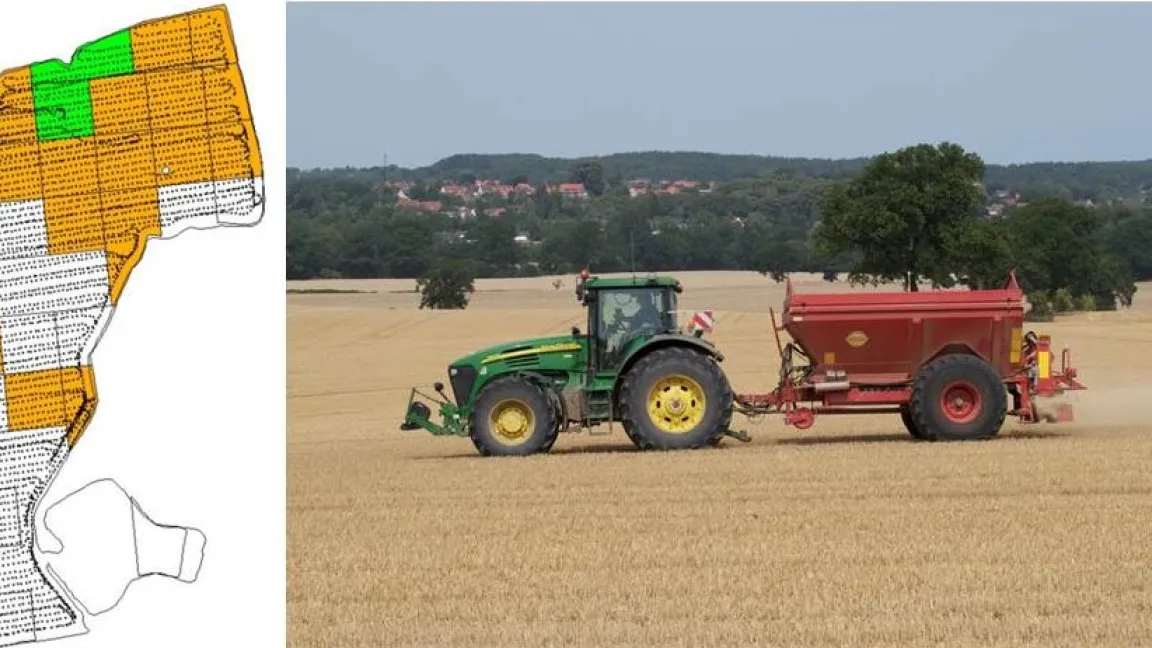 Orangefarbene Teilflächen erhalten 1,4 Tonnen Kalkreinnährstoff pro Hektar und grüne 1,7 Tonnen. Die weißen Teilflächen haben keinen Bedarf. Foto: Projektteam OFR