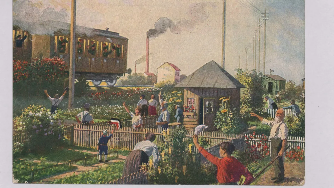 Ein Bild aus dem Ersten Weltkrieg, das als Feldpostkarte Verwendung fand und Gartenarbeit sowie Landwirtschaft zum Thema macht. Foto: LVR-Industriemuseum
