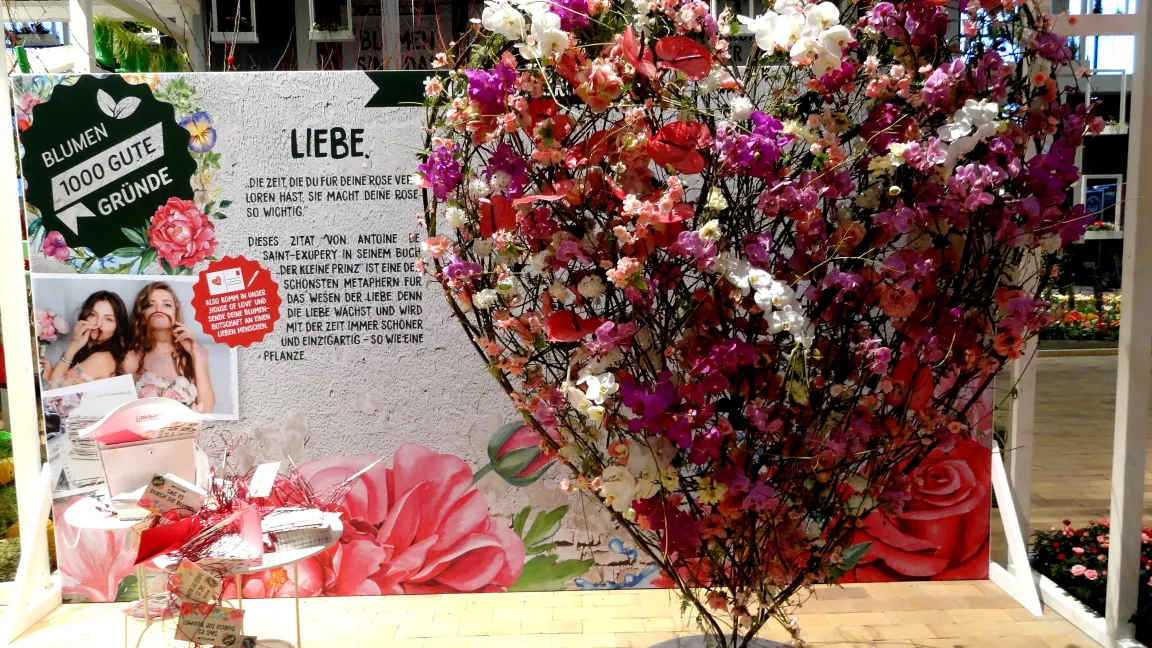Auf der Themenfläche Liebe wurde ein großes Herz aus Orchideen und ein Konzept zum Valentinstag präsentiert. Foto: Christine Margraf