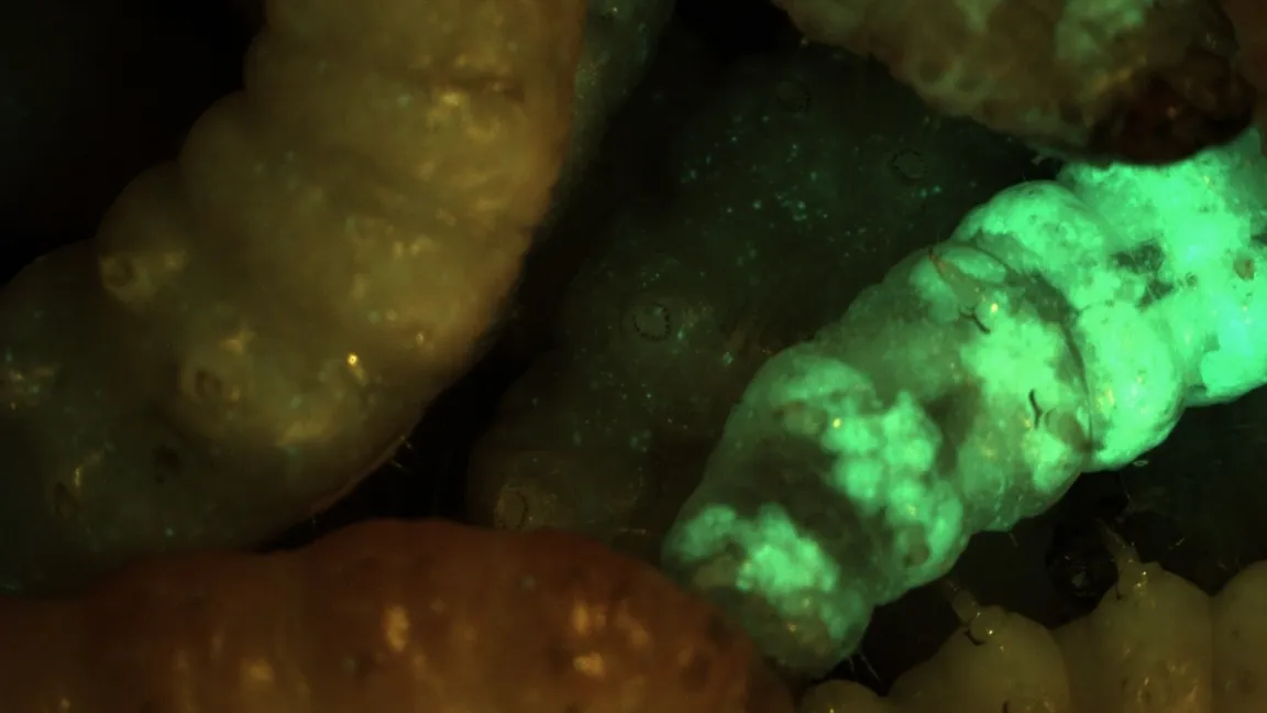 Ein spezieller Farbstoff lässt virusinfizierte Apfelwicklerlarven im Labor leuchten. So lassen sich infizierte und nicht infizierte Tiere leicht unterscheiden. Foto: Pit Radtke, DLR Rheinpfalz