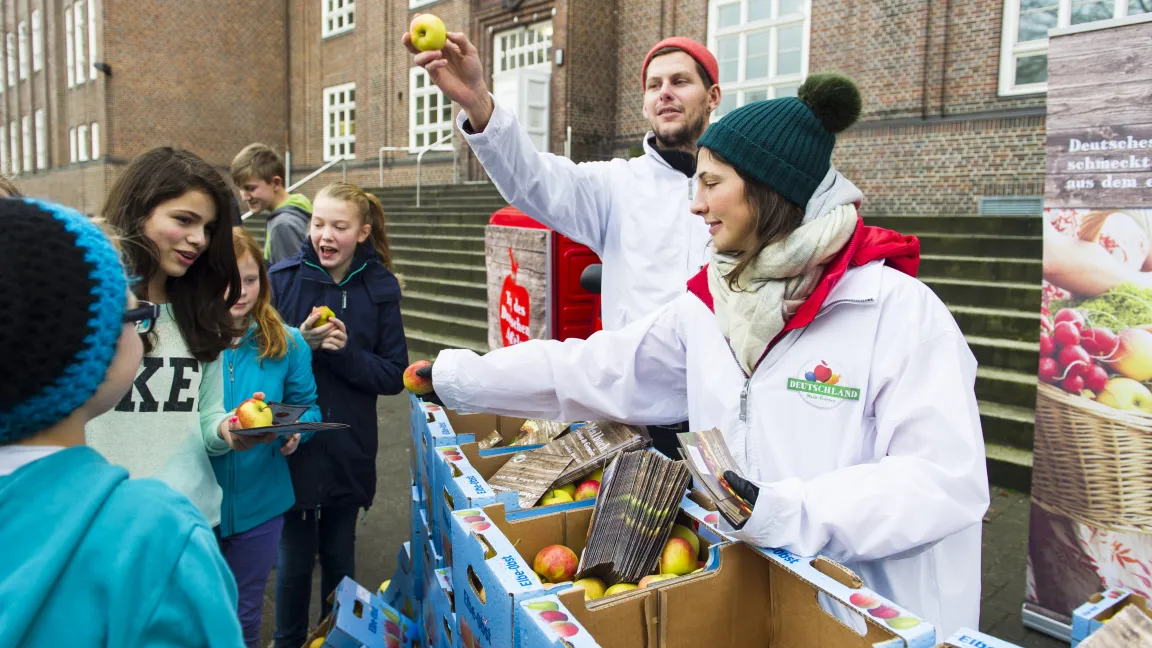 Zwischen dem 6. und 12. Januar werden an vier Hamburger und Berliner Schulen ca. 6000 Äpfel gratis verteilt. Foto: BVEO