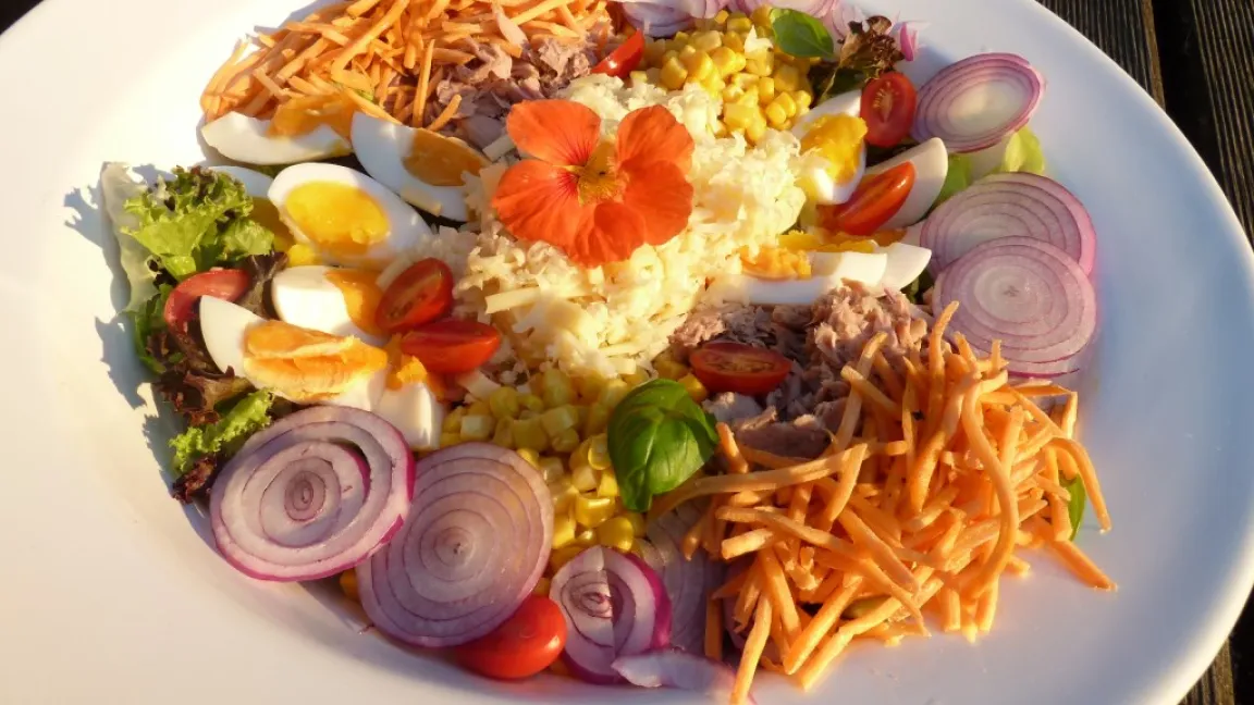 Zwiebeln verleihen einem bunten Sommersalat eine besondere Note. Foto: Martina Gade / Pixelio