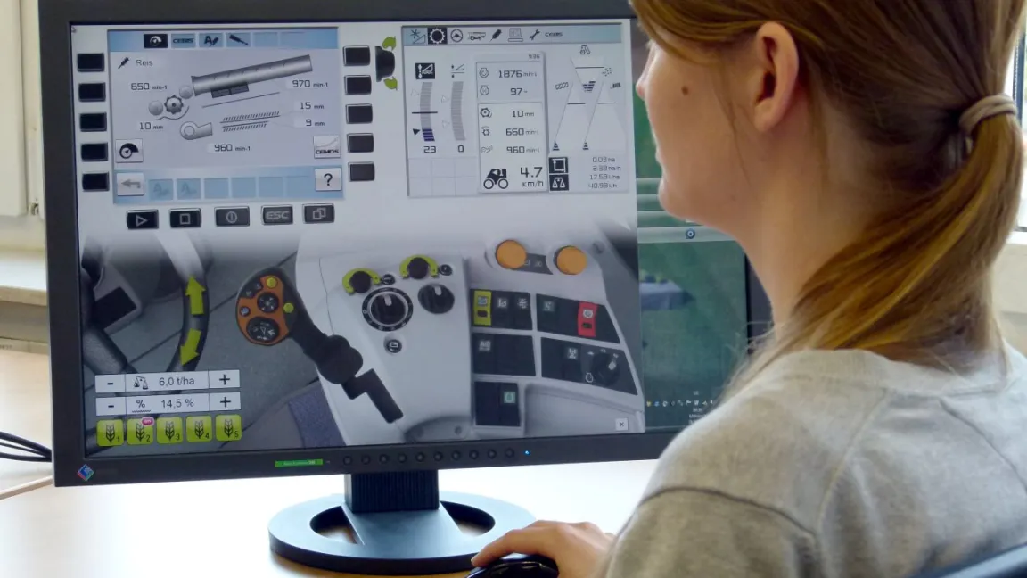 Alle Bedienelemente eines Mähdreschers werden originalgetreu auf dem Bildschirm abgebildet und mit der PC-Maus gesteuert. Foto: Claas