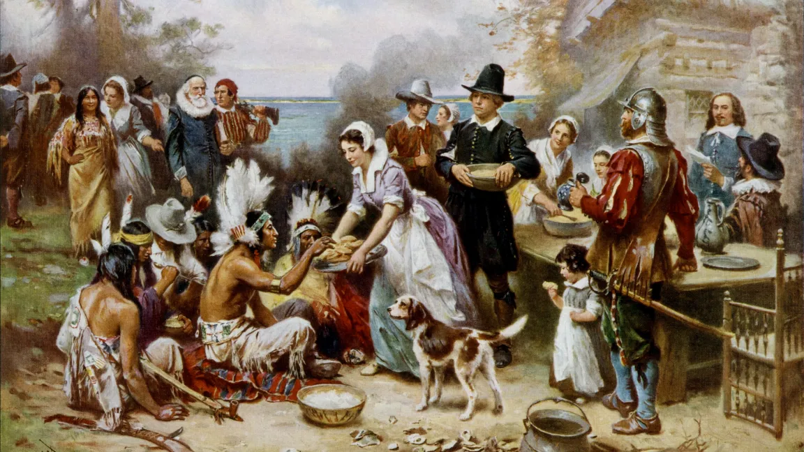 Thanksgiving-Feier in Massachusetts von 1621 mit Indianern in der Darstellung eines Gemäldes von 1912. Foto: Wikipedia